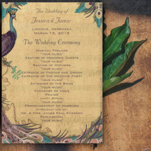 Eggplant Aqua Vintage Peacock Wedding Program