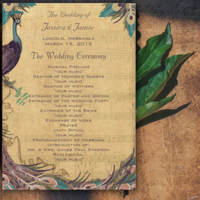 Eggplant Aqua Vintage Peacock Wedding Program (Creator Uploaded)