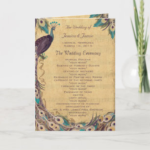 Eggplant Aqua Vintage Peacock Wedding Program