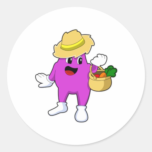 Eggplant as Farmer with Carrot Classic Round Sticker (Front)
