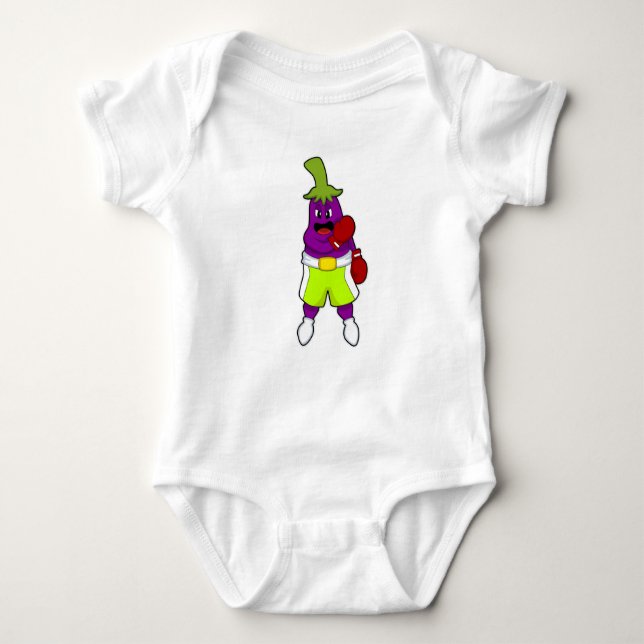 Eggplant at Boxing with Boxing gloves Baby Bodysuit (Front)