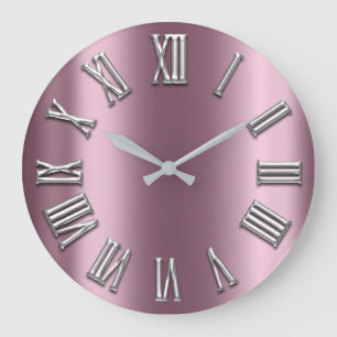 Eggplant Blush Grey Metal Grey Silver Roman Number Large Clock