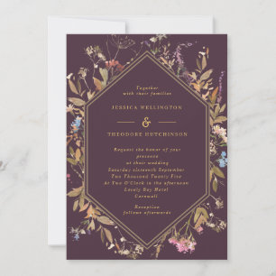 Eggplant Boho Wildflowers Gold Geo Frame Wedding Invitation