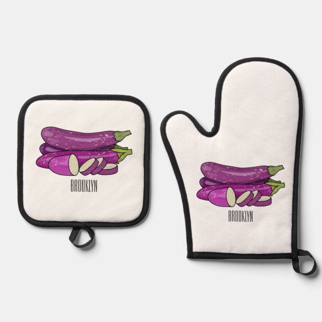 Eggplant cartoon illustration oven mitt & pot holder set (Front)
