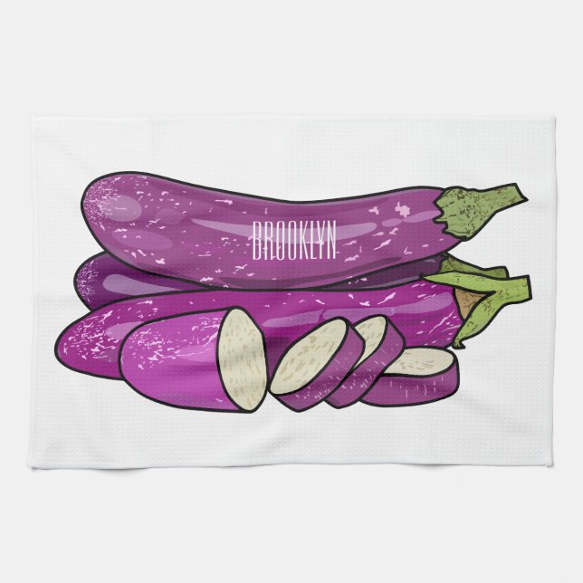 Eggplant cartoon illustration tea towel (Horizontal)