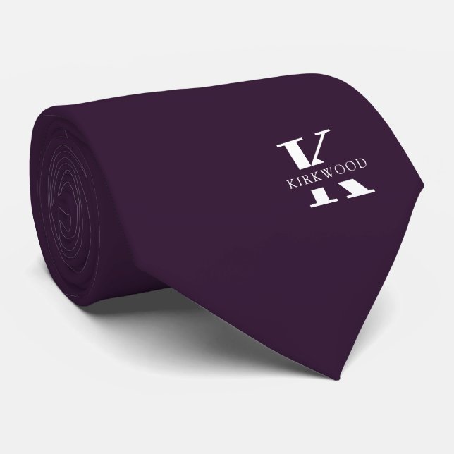 Eggplant | Elegant Monogram+Name |one-Sided Tie (Rolled)