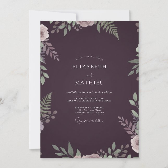 Eggplant Fern Leafy Wedding Invitation (Front)