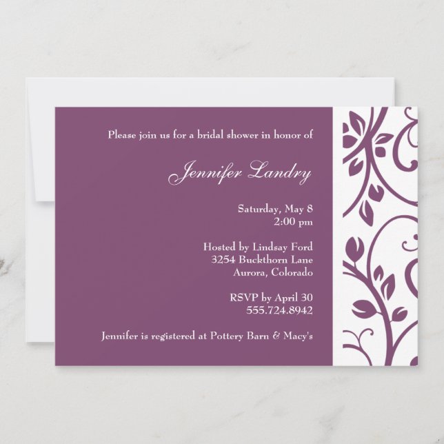 Eggplant Floral Vine Bridal Shower Invitation (Front)