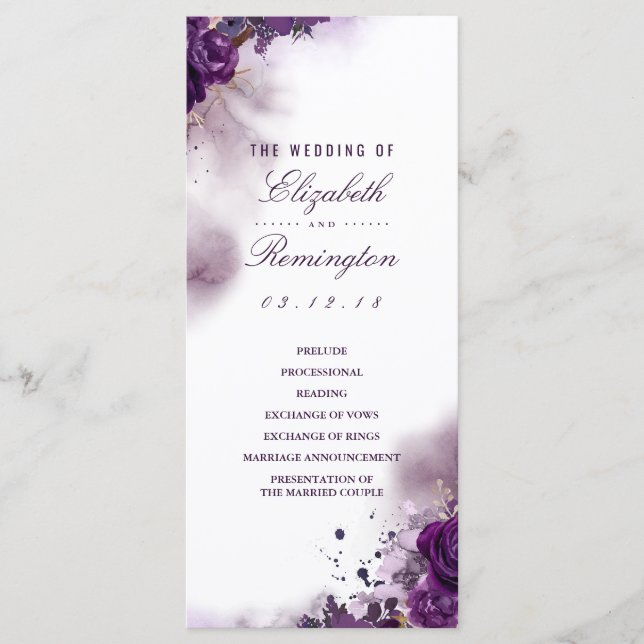 Eggplant Floral Watercolor Wedding Programs (Front)