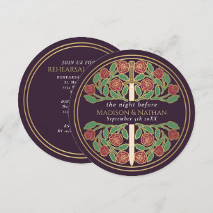 Eggplant Gold Floral Sword Wedding Rehearsal  Invitation
