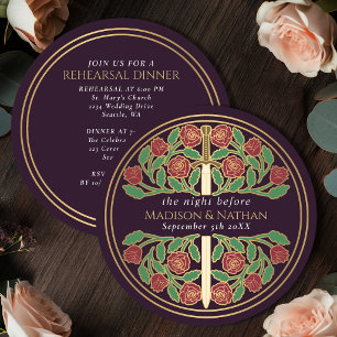 Eggplant Gold Floral Sword Wedding Rehearsal Invitation