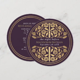 Eggplant Gold Sword Royal Wedding Rehearsal  Invitation