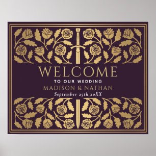 Eggplant Gold Sword Royal Wedding Welcome Sign