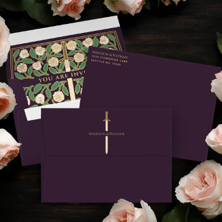 Eggplant Gold White Floral Sword Royal Wedding Envelope