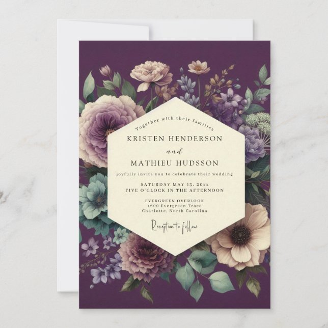 Eggplant Harmonious Botanical Wedding Invitation (Front)