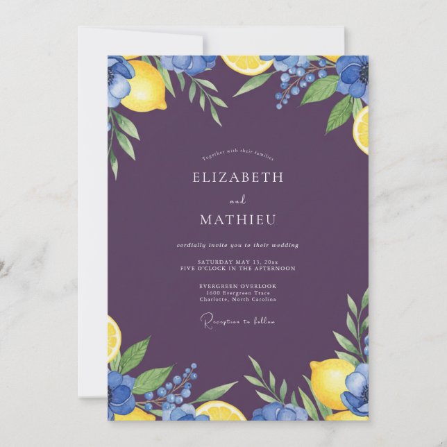 Eggplant Lemon Berry Wedding Invitation (Front)