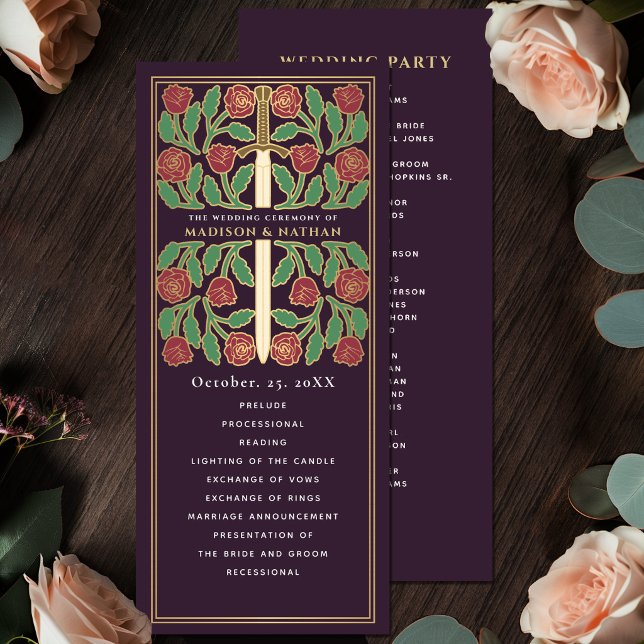 Eggplant Mediaeval Gold Floral Sword Royal Wedding Program (Creator Uploaded)