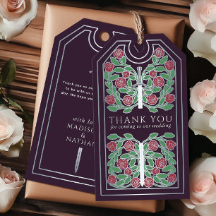 Eggplant Mediaeval Silver Sword Wedding Thank You Gift Tags
