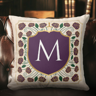 Eggplant Mediaeval Sword Shield Monogram Cushion