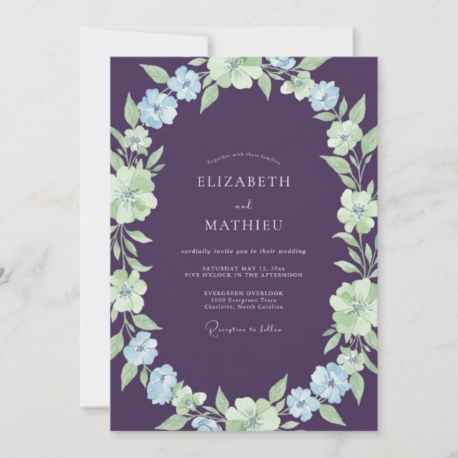 Eggplant Mint Foliage Eucalyptus Wedding Invitation (Front)
