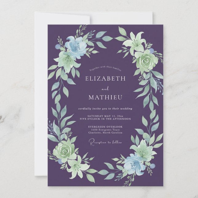 Eggplant Mint Peony Wedding Invitation (Front)