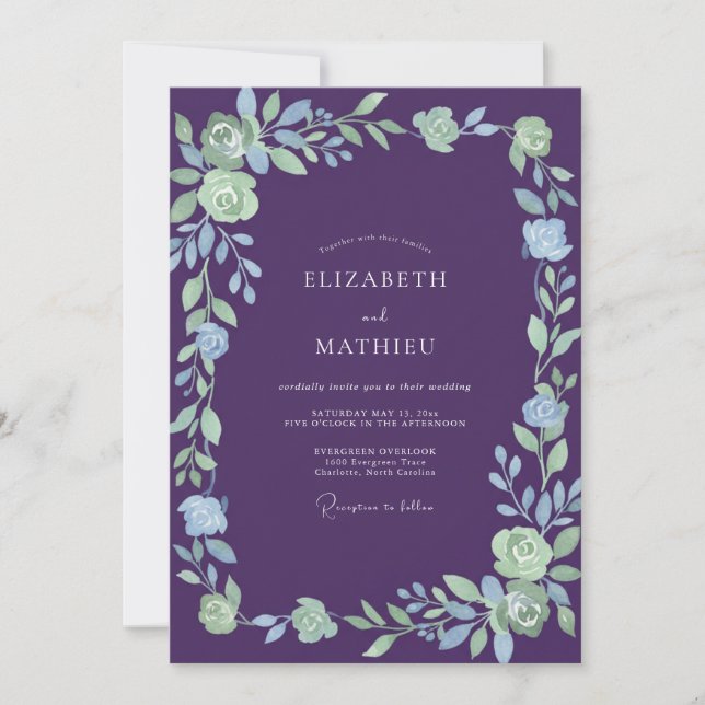 Eggplant Mint Vine Wedding Invitation (Front)