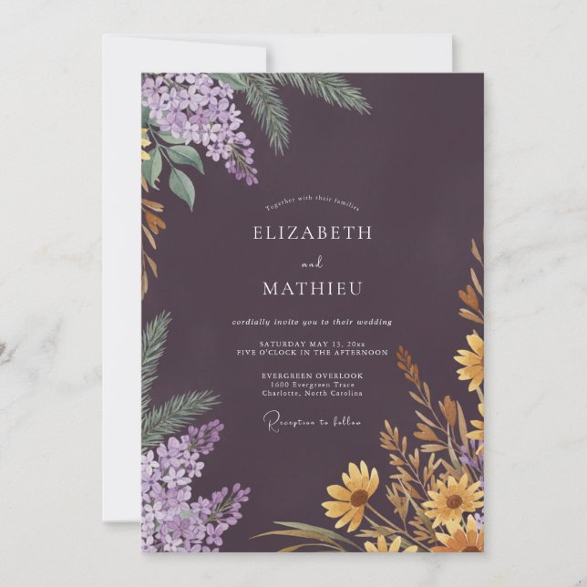 Eggplant Mustard Pine Eucalyptus Wedding Invitation (Front)