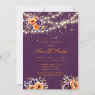Eggplant Orange Floral Lights Bachelorette Party Invitation