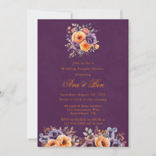 Eggplant Orange Floral Wedding Couples Shower Invitation