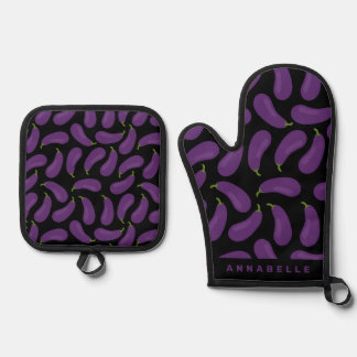Eggplant Pattern Personalise Oven Mitt & Pot Holder Set