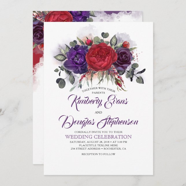 Eggplant Purple and Burgundy Floral Fall Wedding Invitation (Front/Back)
