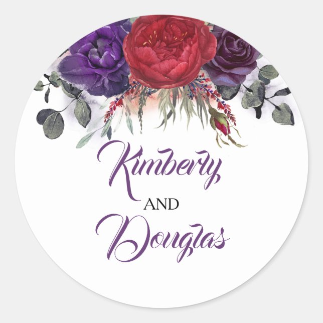 Eggplant Purple and Burgundy Peony Elegant Fall Classic Round Sticker (Front)
