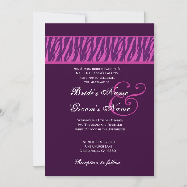 Eggplant Purple and Fuchsia Zebra Wedding Template (Front)
