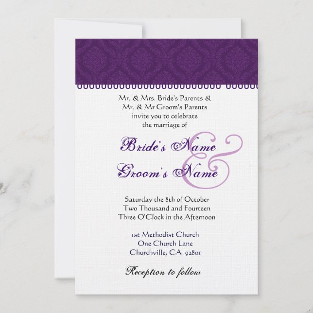 Eggplant Purple and White Damask Wedding Invitation (Front)