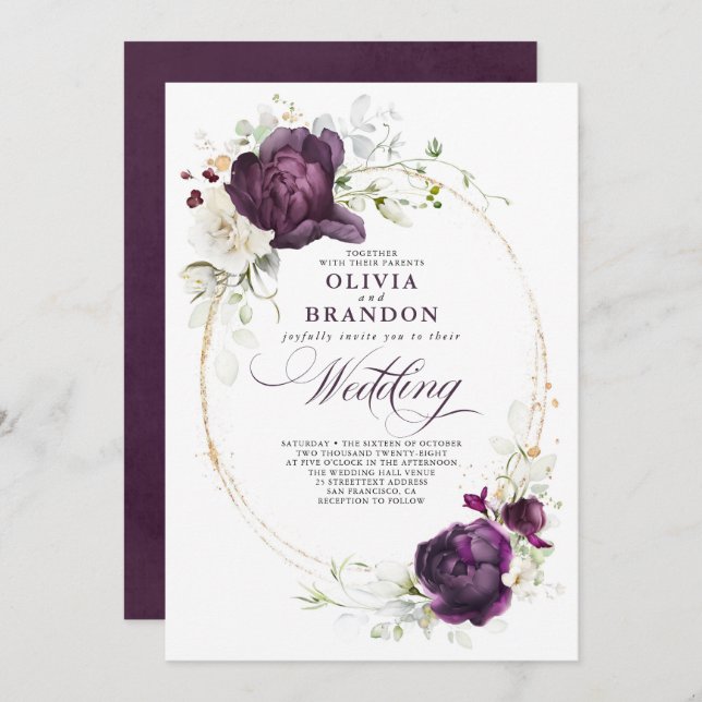 Eggplant Purple and White Floral Boho Wedding Invitation (Front/Back)