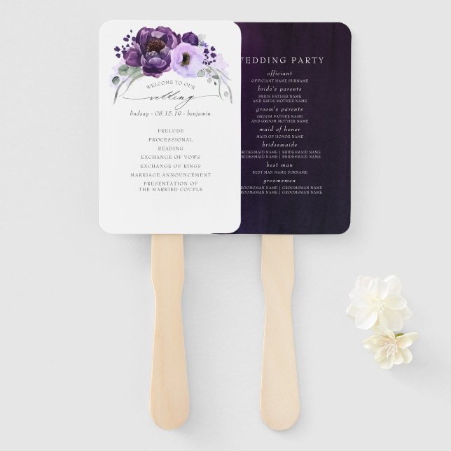 Eggplant Purple Botanical Modern Wedding Program Hand Fan (Front and Back)