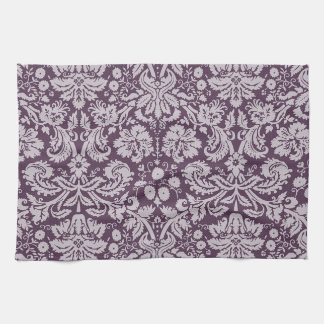 Eggplant Purple Damask Tea Towel (Horizontal)