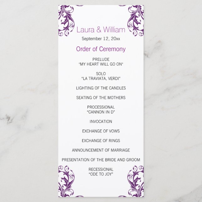 Eggplant Purple Damask Wedding Program (Front)