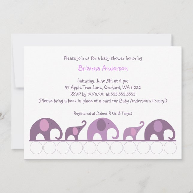 Eggplant Purple elephants on parade baby shower Invitation (Front)