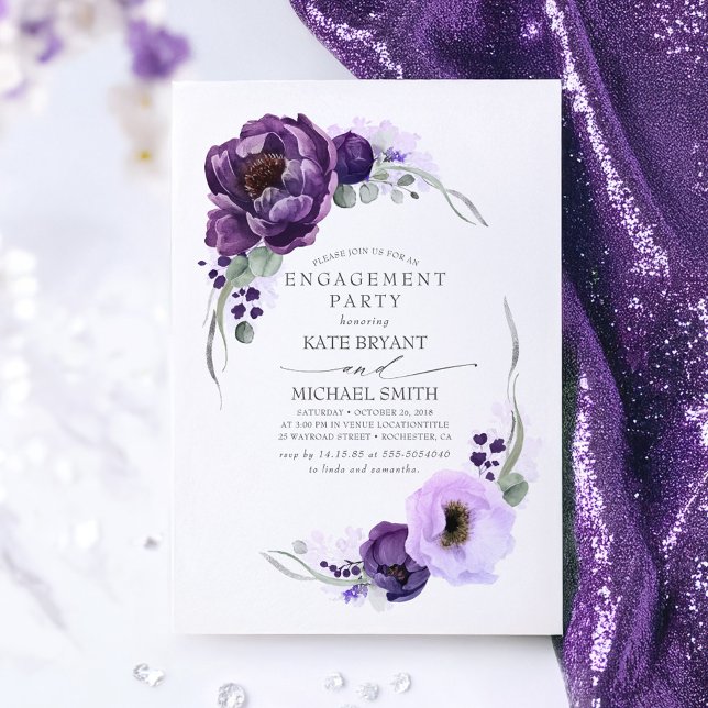 Eggplant Purple Floral Elegant Engagement Party Invitation (Dark Purple Floral Engagement Party Invitations)