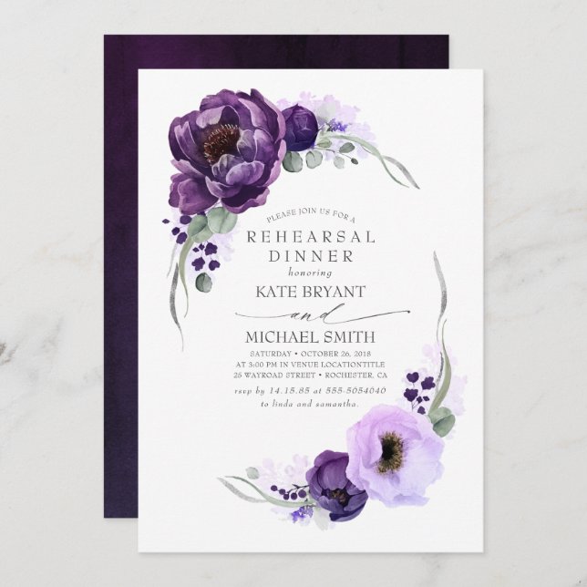 Eggplant Purple Floral Modern Rehearsal Dinner Invitation (Front/Back)