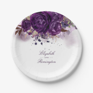 Eggplant Purple Floral Paper Plate