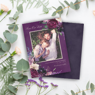 Eggplant Purple Floral Photo Save Our Date Announcement
