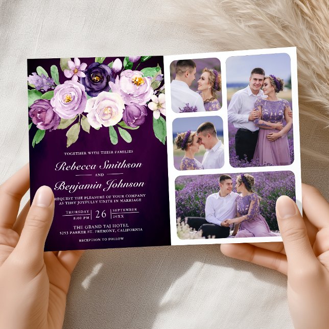 Eggplant Purple Floral QR Code Dark Moody Wedding Invitation (Creator Uploaded)
