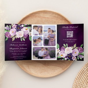Eggplant Purple Floral QR Code Dark Moody Wedding Tri-Fold Invitation