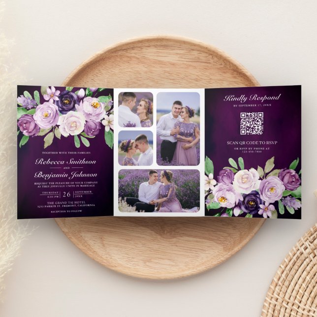 Eggplant Purple Floral QR Code Dark Moody Wedding Tri-Fold Invitation (Creator Uploaded)