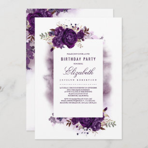 Eggplant Purple Floral Watercolor Birthday Party Invitation