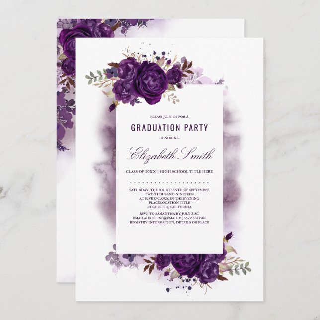 Eggplant Purple Floral Watercolor Graduation Party Invitation (Front/Back)