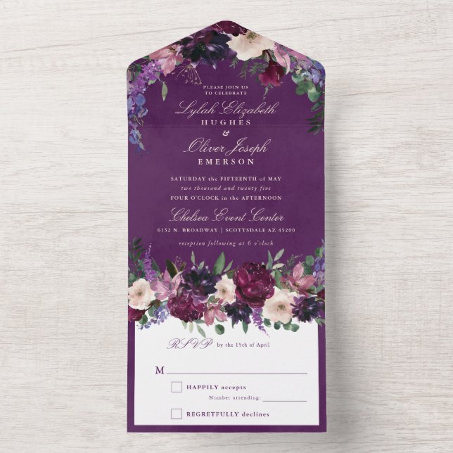 Eggplant Purple Floral Wedding All In One Invitation (Inside)