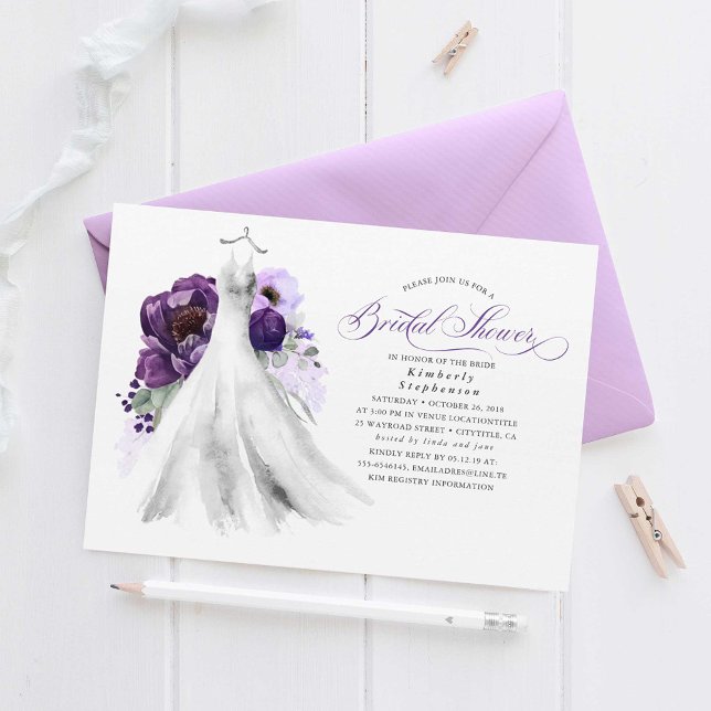 Eggplant Purple Floral Wedding Dress Bridal Shower Invitation (Purple Flowers Dress Bridal Shower Invitations)